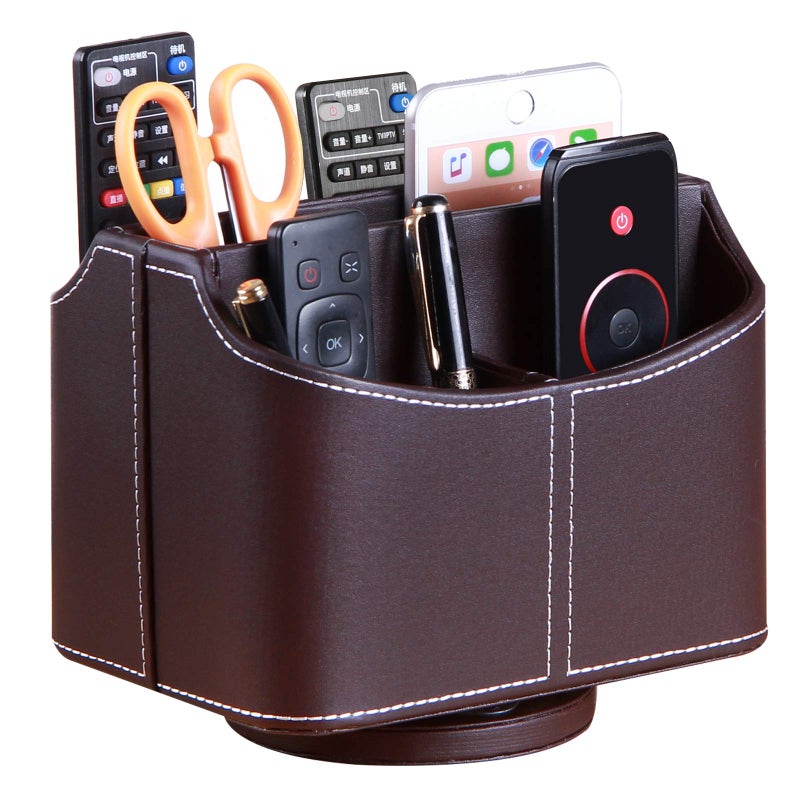 PUSU Remote Control Holder PU Leather 360 Degrees Rotatable Desktop Supply Organizer Storage Box for Controllers Media Stationery Nightstand TV Caddy E-reader iPad Phone Pen/Pencil Cosmetic(Brown) - Image 1